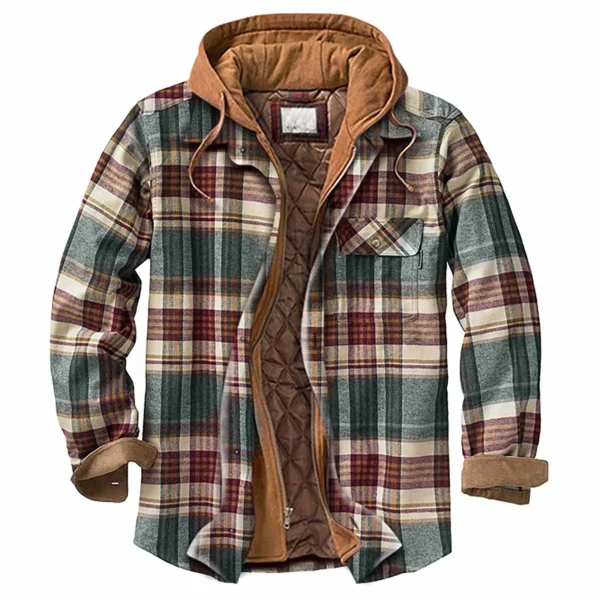 Men's Quilted Plaid Shirt Jacket with Velvet Lining and Hood for Winter Warmth - Image 6