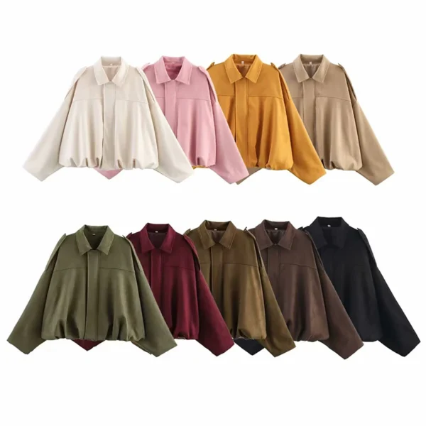 Women's Vintage Bomber Jacket Turn Down Collar Loose Fit Long Sleeve Coat - Image 6