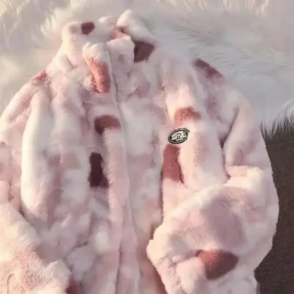 Women's Tie Dye Lamb Fleece Jacket Plush Zipper Harajuku Thick Coat - Image 5