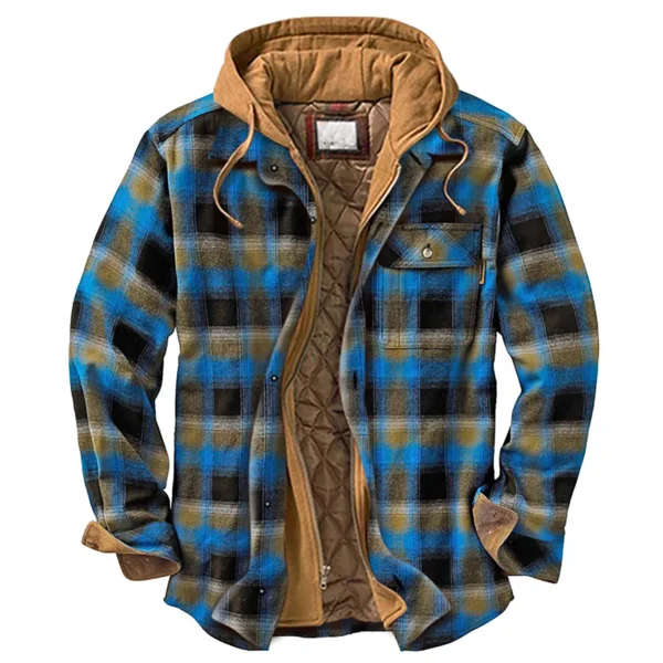Men's Quilted Plaid Shirt Jacket with Velvet Lining and Hood for Winter Warmth - Image 3