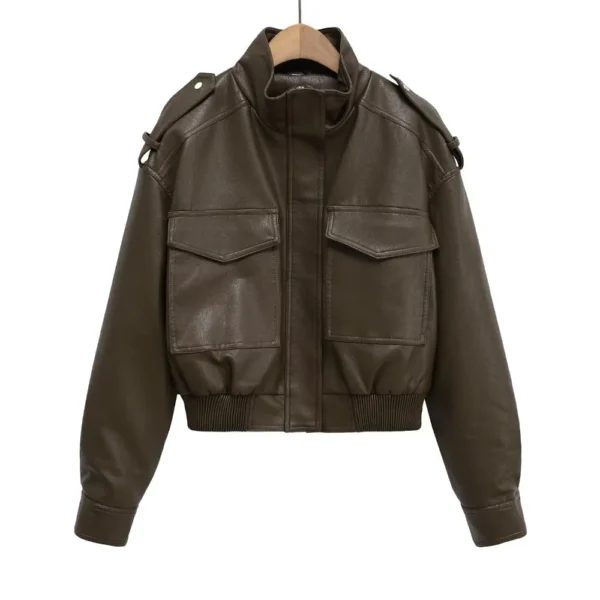 Women's Crop Leather Jacket Y2K Vintage Bomber Long Sleeve Top - Image 2