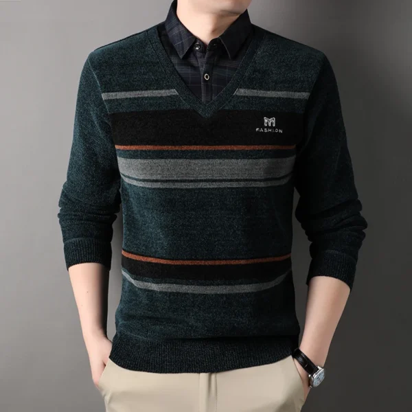 Men's Striped Fleece Sweater Thickened Crewneck Pullover - Image 5