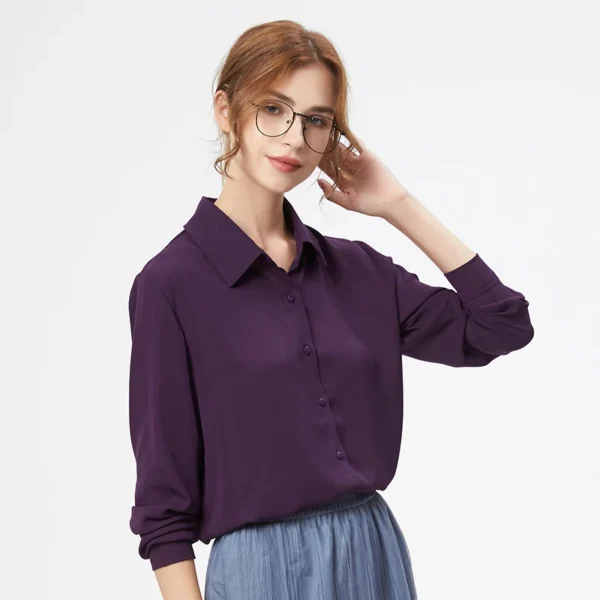 Women's Solid Color Chiffon Long Sleeve Blouse - Image 5