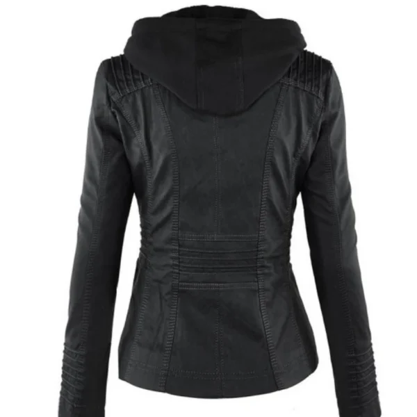 Women's Faux Leather Jacket 2025 Motorcycle Style PU Leather Zipper Hooded Coat - Image 6
