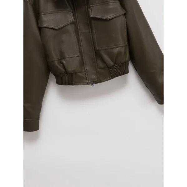 Women's Crop Leather Jacket Y2K Vintage Bomber Long Sleeve Top - Image 5