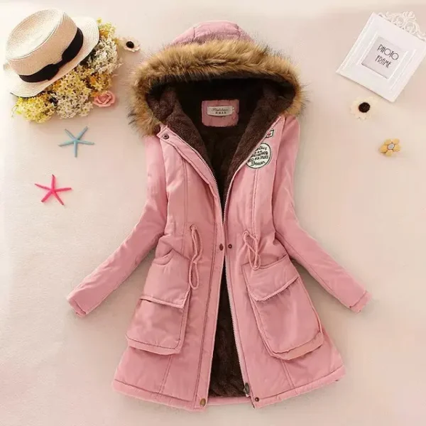 Women's Padded Cotton Jacket Slim Fit Embroidery Hooded Parka Warm Overcoat - Image 2