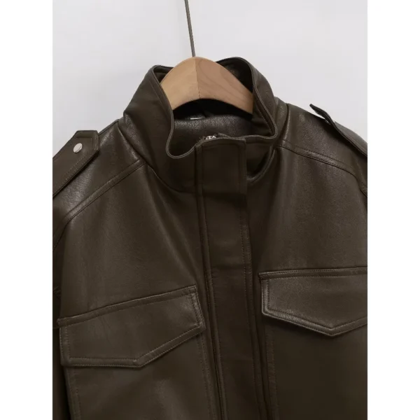 Women's Crop Leather Jacket Y2K Vintage Bomber Long Sleeve Top - Image 4
