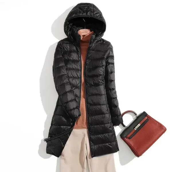 Plus Size Ultra Lightweight Long Puffer Jacket Hooded Korean Coat - Image 4