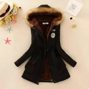 Women's Padded Cotton Jacket Slim Fit Embroidery Hooded Parka Warm Overcoat