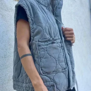 Women's Lightweight Sleeveless Cotton Vest Coat with Standing Collar and Pockets