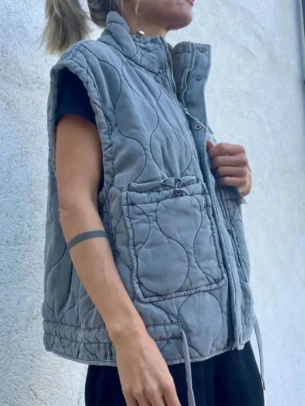 Women's Lightweight Sleeveless Cotton Vest Coat with Standing Collar and Pockets