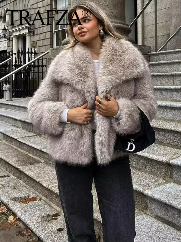 Women's Elegant Faux Fur Coat Fluffy Loose Long Sleeve Lapel Jacket - Image 4